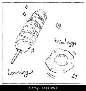 Corndog fried egg food line sketch doodle hand drawn vector illustrator element Stock Vector