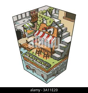 Game cute isometric line sketch doodle background banner hand drawn vector illustrator element Stock Vector