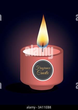 3D Fragrance Candle and Flame. Burning wax candle. Vector isolated on gradient background Stock Vector