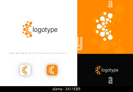 Abstract semi circle, molecular logo with dynamic fluid dots, symbolizing innovation, technology, and networking. Ideal for science, biotech, media Stock Vector