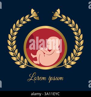 Fetus in womb logo with abstract golden leaf and flower design. isolated on deep blue background.Vector illustration. Stock Vector