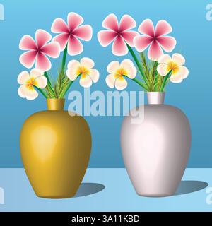 A digital illustration featuring two decorative vases,one golden and one silver,filled with vibrant plumeria flowers in pink and yellow. Stock Vector