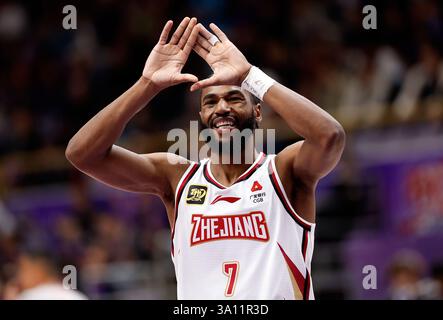 Beijing, China. 6th Mar, 2025. Ruben Nembhard of Zhejiang Golden Bulls reacts during the 36th round match between Beijing Royal Fighters and Zhejiang Golden Bulls at the 2024-2025 Chinese Basketball Association (CBA) league in Beijing, China, March 6, 2025. Credit: Wang Lili/Xinhua/Alamy Live News Stock Photo