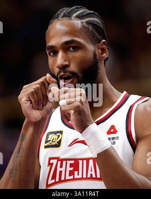Beijing, China. 6th Mar, 2025. Ruben Nembhard of Zhejiang Golden Bulls reacts during the 36th round match between Beijing Royal Fighters and Zhejiang Golden Bulls at the 2024-2025 Chinese Basketball Association (CBA) league in Beijing, China, March 6, 2025. Credit: Wang Lili/Xinhua/Alamy Live News Stock Photo