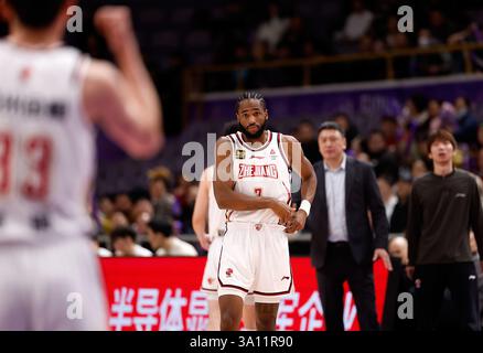Beijing, China. 6th Mar, 2025. Ruben Nembhard of Zhejiang Golden Bulls reacts during the 36th round match between Beijing Royal Fighters and Zhejiang Golden Bulls at the 2024-2025 Chinese Basketball Association (CBA) league in Beijing, China, March 6, 2025. Credit: Wang Lili/Xinhua/Alamy Live News Stock Photo