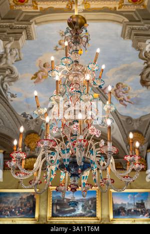 Close-up on old and colorful crystal chandelier Stock Photo