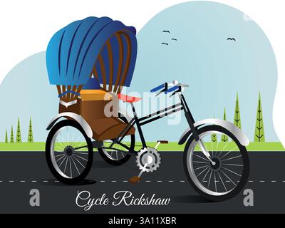 Colorful Cycle rickshaw vector illustration. India Rickshaw art. Tri cycle of kolkata city. Local vehicle , Road and scenery background Stock Vector