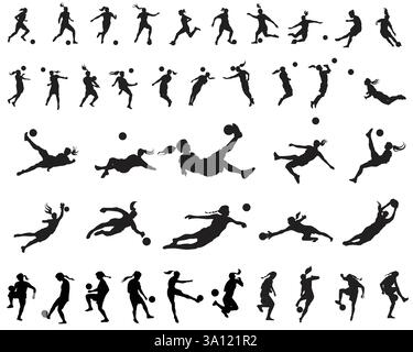 A set of 40 female soccer football player silhouettes cutout outlines, vector icon sets in various poses. Stock Vector