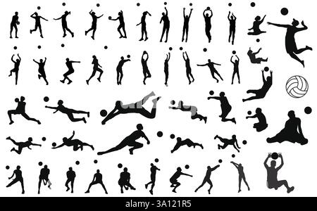 Set of 46 male volleyball players with and without disability. Cutout solid icons. Men volleyball player vector silhouettes. Sitting volleyball. Stock Vector
