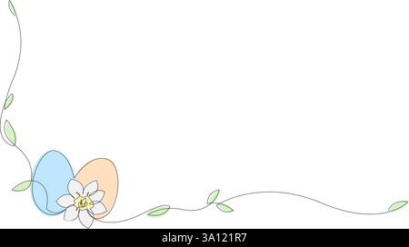 Continuous one line drawing of Easter decoration with eggs and spring flowers. Happy Easter greeting banner design. Vector illustration, editable stro Stock Vector