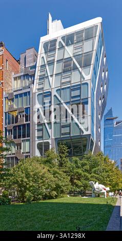 View of HL23, the cantilevered glass-walled apartment building with exposed ...