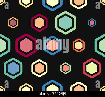 Geometric mesh background. Multicolored geometric elements of varied size. Bold rounded hexagon cells with padding and inner solid cells. Stock Vector