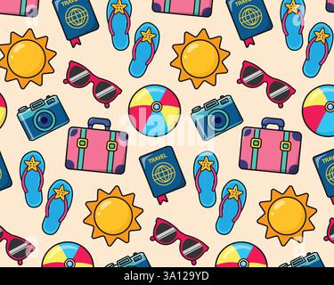Elements of vacation and tourism. Seamless summer pattern. Vector illustration.s Stock Vector
