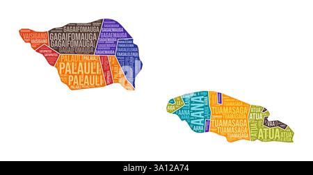 Samoa shape. Country word cloud with region division. Samoa colored illustration. Region names cloud. Vector illustration. Stock Vector