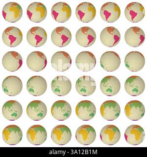 Collection of planet globes. Normal sphere view. Rotation step 10 degrees. Colored continents style. Stock Vector