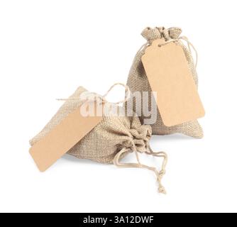 Two burlap bags with tags isolated on white Stock Photo