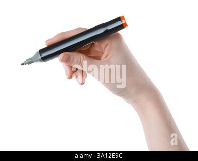 Woman with double sided marker on white background, closeup Stock Photo