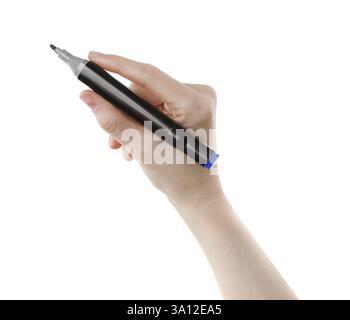 Woman with double sided marker on white background, closeup Stock Photo