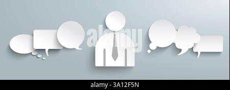 White Paper Businessman Communication Speech Bubbles White paper speech bubbles with a businessman on the grey background. Stock Photo