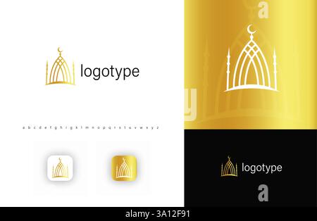 Elegant mosque logo with crescent and minarets, symbolizing Islamic faith, spirituality, cultural heritage. Ideal for mosques, religious organizations Stock Vector
