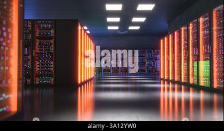 Server room hosting many servers glowing with orange  lights 3d background Stock Photo