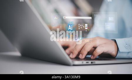 AI technology, Artificial intelligence in work to help efficiency, Businessman use artificial intelligence AI technology for enhanced work efficiency Stock Photo