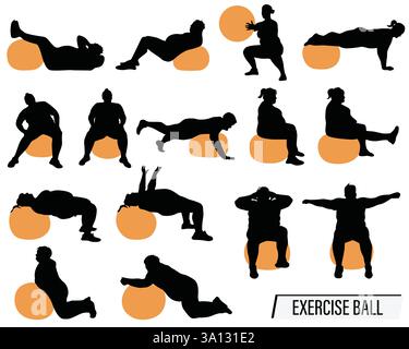 Set of 15 plus size silhouettes cutout vector icon sets doing various core exercises on stability ball isolated on white background. Fitness exercises Stock Vector