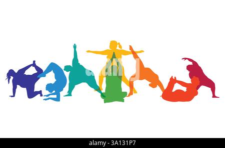 Colorful Plus Size Curvy People Performing Yoga. Fitness, wellness, spiritual healing, meditation vector illustration silhouettes isolated on white. Stock Vector