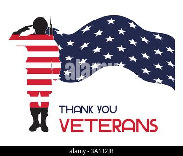 Soldier with rifle and american star flag saluting. Thank you veterans. Stock Vector