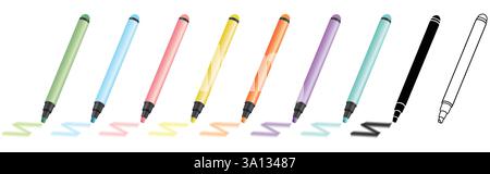 set of 9 highlighter marker sharpie pens for highlighting text in pink, yellow, green, blue, orange, purple, teal Stock Vector