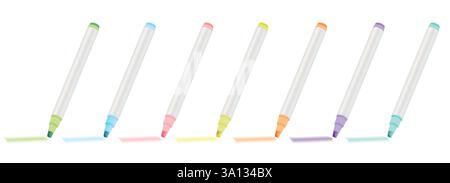 set of 7 highlighter marker pens for highlighting text in pink, yellow, green, blue, purple, orange and teal isolated on white background. Stock Vector