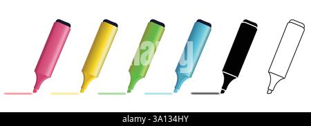 set of 6 highlighter marker pens for highlighting text in pink, yellow, green, blue, black silhouette and outline isolated on white background Stock Vector