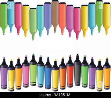 Waves of colorful highlighter marker pens arranged in a row isolated on white background with copy space. Arts and crafts and school concept banner Stock Vector