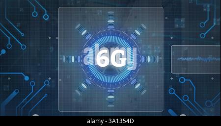 Image of 6g text on circular scanner processing data over motherboard network and server room Stock Photo