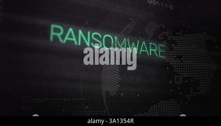 Image of ransomware text over biometric fingerprint over black background Stock Photo