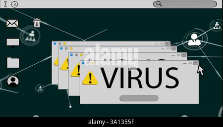 Image of digital screen with virus text over network of connections Stock Photo