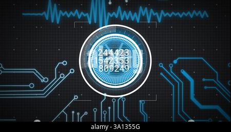 Image of circular scanner processing data with motherboard network and graph on interface Stock Photo