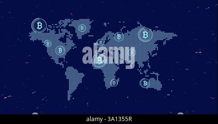Image of bitcoin icons, digital data processing over world map Stock Photo
