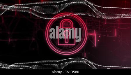 Image of padlock icon withlines and network of connections on black background Stock Photo