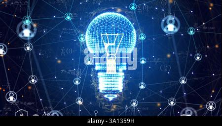Image of lightbulb and mathematical equations over network of connections with icons Stock Photo