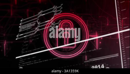 Image of padlock icon over data processing on black background Stock Photo