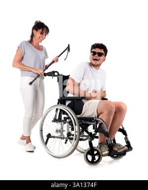 black wheelchair in front of white background Stock Photo