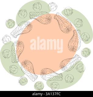 Hand drawn brussels sprout heads and Salmon steak Circular Frame Border on colorful spots Copy space. Isolated Vector illustration Healthy Eating or menu cards, web promo banner, leaflets, labels, tag Stock Vector