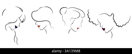 simple and minimalistic line drawing of beautiful women. Abstract vector illustration art of female faces and hair, outline Stock Vector
