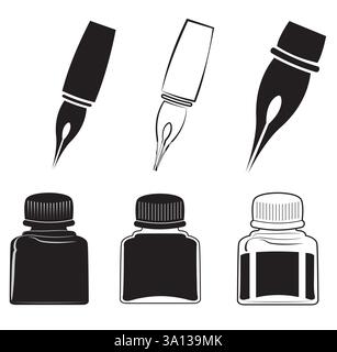 black isolated icon set of ink pen nibs and ink bottles. Vector illustration for art, drawing, calligraphy. Clip art Stock Vector