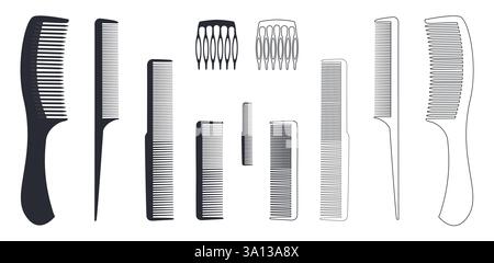 comb icon collection in black silhouette and line art style isolated on white background. Simple vector illustration, graphic, pictogram Stock Vector