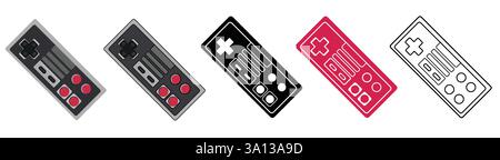 entertainment system controller set isolated on white background in color, line drawing and solid silhouette. Vector illustration for graphic use. Stock Vector