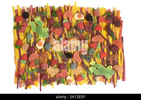group of jelly candies and jelly sticks on white background Stock Photo