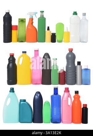 front view of  group of plastic bottles for recycling on white background Stock Photo