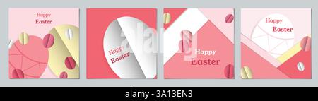 Easter Pastel Card Set. Easter Holiday Celebration Concepts with Red and Pink Eggs for Banner, Cover, Poster, Party Invitations, Cards. Visual Designs. Stock Vector